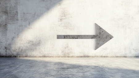 A minimalistic abstract wall featuring a directional arrow pointing right, illuminated by soft light, perfect for design projects and artistic expressions.の素材