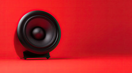 This image showcases a sleek black subwoofer speaker against a striking red background, highlighting its modern design and emphasizing its role in high-quality sound reproduction for music lovers.の素材