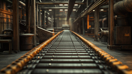 A spacious industrial interior featuring a long conveyor belt, showcasing modern machinery and a complex manufacturing environment with intricate details.の素材