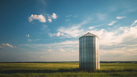 A modern silo stands tall in a wide-open field under a bright blue sky, surrounded by lush greenery and soft clouds, embodying the serene beauty of rural life and agriculture.の素材