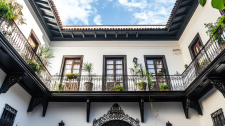 Captivating view of a traditional Spanish courtyard featuring elegant balconies adorned with lush greenery, bathed in sunlight, perfect for capturing architectural beauty.の素材
