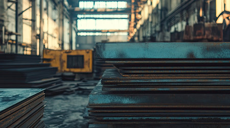 A captivating view inside an industrial warehouse featuring stacked metal sheets, with natural light filtering through large windows, highlighting the robust atmosphere.の素材