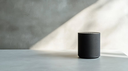 A sleek black speaker stands elegantly on a minimalist table, illuminated by soft natural light, creating an inviting atmosphere suitable for modern living and stylish interiors.の素材