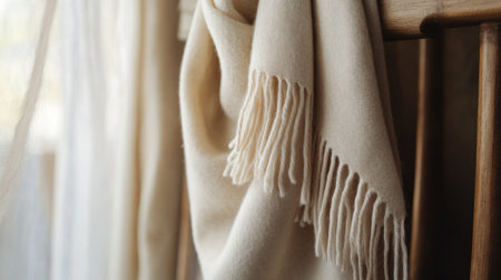 Each detail of this soft blanket hanging on a wooden chair radiates warmth, creating a peaceful atmosphere ideal for homes and cozy living spaces.の素材