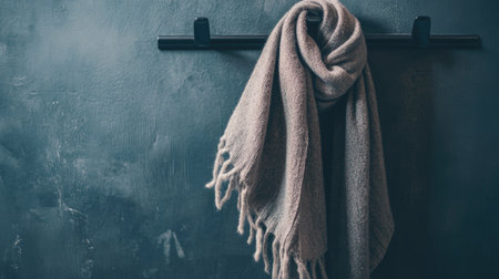 A serene image of a soft beige scarf elegantly draped over a black hanger against a textured dark wall, evoking a sense of warmth and cozy fashion. Perfect for seasonal styling.の素材