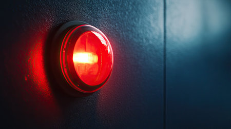 A close-up view of a red warning light glowing against a dark wall, capturing the essence of urgency and alertness in a modern industrial environment. Perfect for safety concepts.の素材