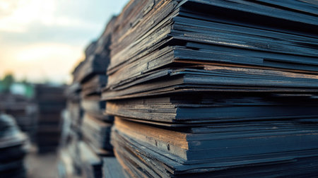 Detailed close-up of stacked wooden planks in natural lighting, showcasing textures and colors ideal for construction-related themes or material design concepts.の素材