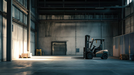 A serene industrial warehouse featuring a solitary forklift parked in an orderly space, beautifully lit by sunlight, showcasing the essence of logistics and organization.の素材