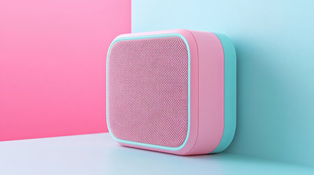 A stylish speaker in pink and blue hues sits against a pastel background. This image showcases modern design, perfect for music enthusiasts and contemporary home decor.の素材