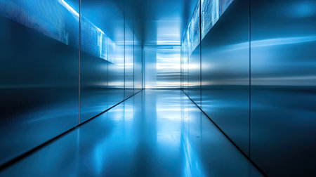 A captivating modern corridor showcasing smooth reflective surfaces illuminated by blue light, creating a tranquil atmosphere perfect for abstract and futuristic themes.の素材