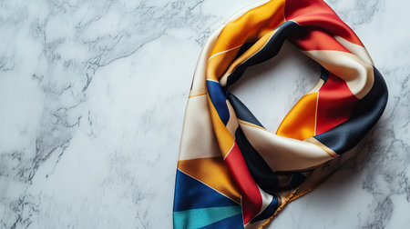 A beautifully designed silk scarf with vibrant colors and geometric patterns, elegantly placed on a marble surface, ideal for fashion or accessory themed visuals.の素材