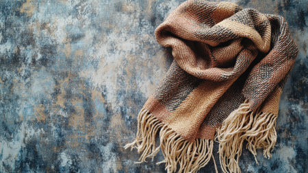 A beautifully textured earth-toned scarf casually draped over a stylish rustic background, evoking warmth and comfort for autumn and winter vibes in fashion and home decor.の素材