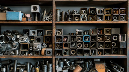 A wide array of metal components and fasteners neatly organized on wooden shelves in an industrial workshop. This image captures the essence of careful arrangement and organization.の素材