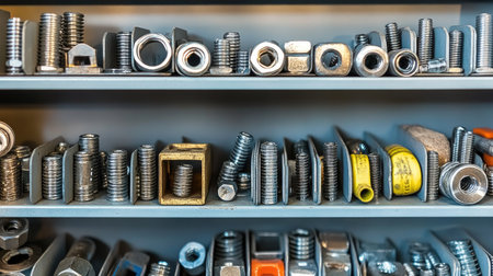 An organized display of various fasteners and hardware elements on shelves, showcasing a range of sizes, shapes, and textures ideal for industrial and DIY projects.の素材