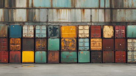 A vibrant display of weathered shipping containers showcases an array of colors against a rusted metal wall, creating a striking industrial backdrop for various creative projects.の素材