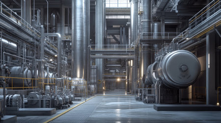 Explore the interior of a contemporary factory featuring intricate piping and advanced machinery that represents cutting-edge manufacturing and production efficiency.の素材