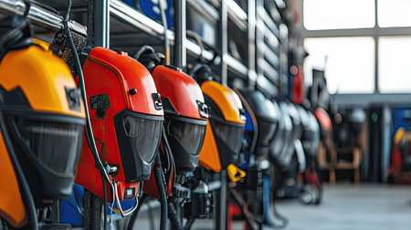 A vibrant display of protective welding helmets organized in a workshop, highlighting essential safety gear in various colors for industrial and creative tasks.の素材