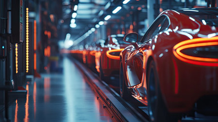 This image captures the essence of modern automotive production with sleek red sports cars lined up on the assembly line, showcasing advanced engineering and design.の素材