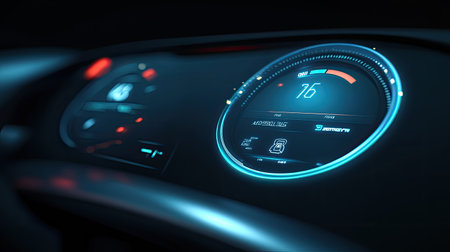 A close-up view of a modern car dashboard featuring a digital speedometer and illuminated controls, showcasing advanced technology in an elegant vehicle interior.の素材