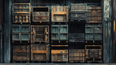 A collection of old and weathered industrial storage containers, stacked in a warehouse, showcasing the passage of time and the rugged beauty of manufacturing spaces.の素材