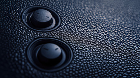 A close-up image showcasing a textured black leather surface featuring two circular buttons, perfect for applications in automotive, furniture, or product design.の素材