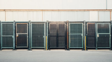 Industrial storage units lined up in a modern facility, featuring secure mesh fencing and effective locking systems, ideal for personal or business storage needs in an outdoor environment.の素材