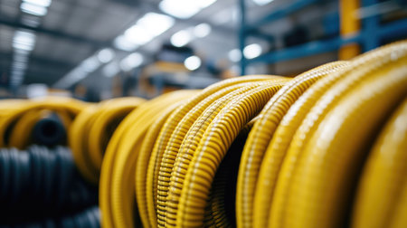 This image captures an array of bright yellow rubber hoses coiled in an industrial setting, emphasizing their sturdy design and functional use in various applications.の素材