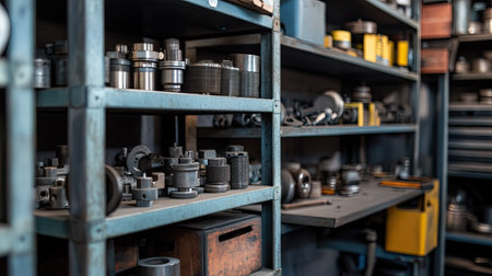A well-organized industrial workshop featuring shelves stocked with various precision metal parts and tools, showcasing a blend of technology and craftsmanship.の素材