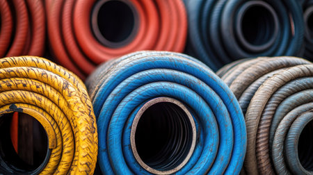 A vibrant arrangement of coiled hoses in various colors and textures, perfect for gardening and utility use, showcasing rich details and an appealing visual contrast.の素材