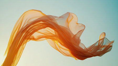 A stunning image of delicate orange fabric flowing gracefully against a soft blue sky, evoking a sense of beauty and tranquility with its ethereal motion and gentle curves.の素材