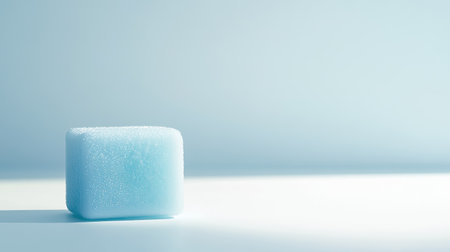 A soft blue soap bar with a textured surface sits in a minimalistic light setting, symbolizing cleanliness and relaxation. Perfect for hygiene and skincare themes.の素材