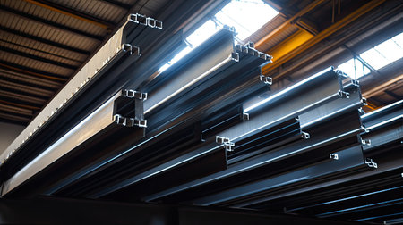 An industrial setting showcasing stacked metal beams and steel sections, beautifully illuminated by natural light filtering through skylights, emphasizing the robust materials.の素材
