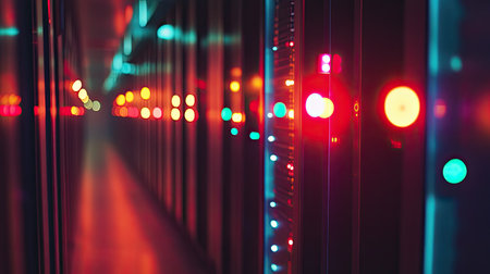 A captivating view inside a modern data center corridor featuring colorful LED lights and sleek server equipment, creating a vibrant and futuristic atmosphere.の素材