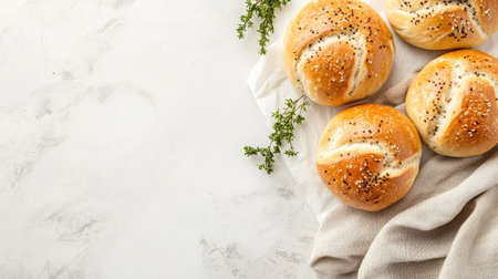 Delve into the warmth of freshly baked bread rolls, adorned with herbs, perfect for culinary designs, showcasing the inviting essence of homemade baked delights.の素材