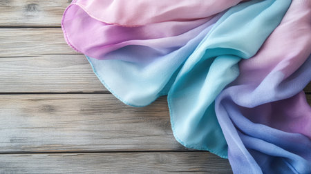 Delicate pastel gradient fabric rests softly on a wooden surface, creating a serene and elegant backdrop for photography, styling, or design projects focused on softness and tranquility.の素材