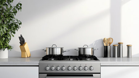 A bright and contemporary kitchen scene showcasing stainless steel cookware on a sleek gas stove. The minimalist design features a green plant and wooden utensils, ensuring a functional yet stylish atmosphere.の素材
