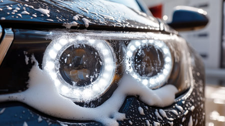 A sparkling close-up view of a car headlight covered in soap foam during a professional car wash, capturing the detail and shine of automotive care in action.の素材