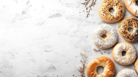 An assortment of freshly baked bagels featuring various toppings like sesame and poppy seeds, resting on a rustic surface, perfect for breakfast or snack recipes.の素材