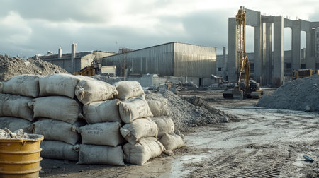A wide shot of an industrial construction site featuring stacked sandbags and heavy machinery amidst a gray sky, highlighting the activity and tools used in modern development projects.の素材