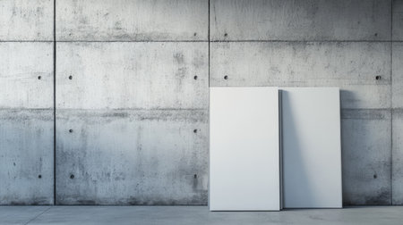 This image showcases a minimalist interior featuring two blank canvas panels leaning against a textured concrete wall, perfect for art projects or design inspiration.の素材