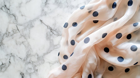 A lovely polka dot scarf rests on a marble surface, highlighting its soft fabric and timeless design. This elegant composition captures refined style perfect for various artistic uses.の素材