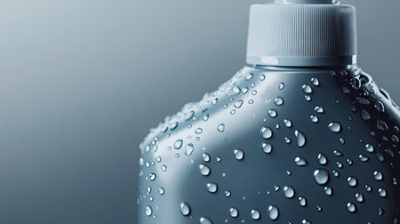 A sleek gray bottle adorned with glistening water droplets stands against a softly blurred background, symbolizing freshness and cleanliness in a modern product setting.の素材
