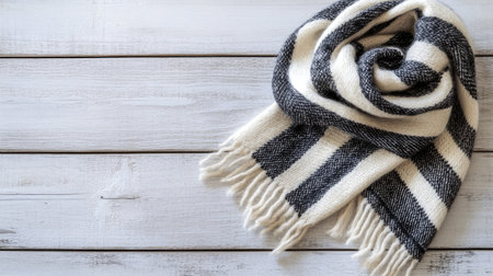A cozy, thick knit scarf featuring elegant stripes, resting on a wooden surface. This stylish accessory adds warmth and flair to any winter outfit, perfect for seasonal fashion.の素材