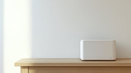 A sleek white storage box rests on a wooden table, illuminated by soft natural light, creating a serene and tidy atmosphere perfect for modern living spaces.の素材