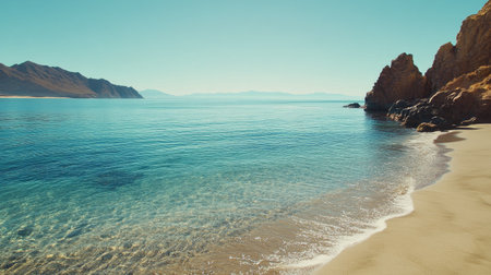 A stunning beach with crystal-clear waters and soft sands, framed by majestic mountains, capturing the essence of tranquility and ideal for vacation inspiration.の素材