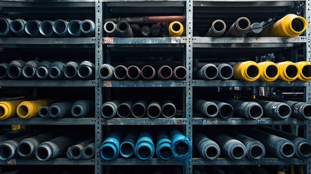 A vibrant display of pipes and tubes arranged on industrial shelving in a storage environment, showcasing a diverse range of colors and materials. Perfect for construction and design themes.の素材