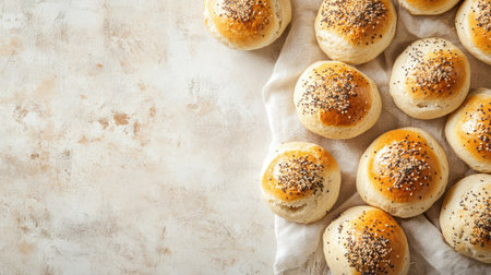 A beautiful arrangement of freshly baked soft bread rolls topped with poppy seeds, perfect for breakfast or snacks, capturing warmth and comfort for culinary use.の素材