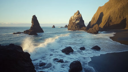 Discover a tranquil beach scene featuring striking rock formations and gentle waves under a stunning sunset, showcasing the raw beauty of coastal nature.の素材