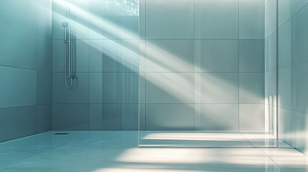 A serene and bright shower space featuring sleek glass walls, modern tiling, and soft light creating an inviting atmosphere ideal for relaxation and comfort.の素材