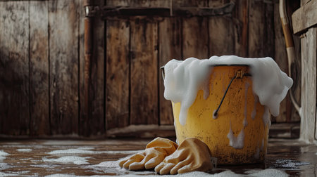 A yellow bucket filled with soapy water and gloves rests on a wooden floor. This image captures the essence of cleaning, highlighting essential tools for maintaining hygiene in homes.の素材